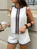 Striped Sleeveless Top and Shorts Set, available in White and Black — pocketed two-piece polyester outfit