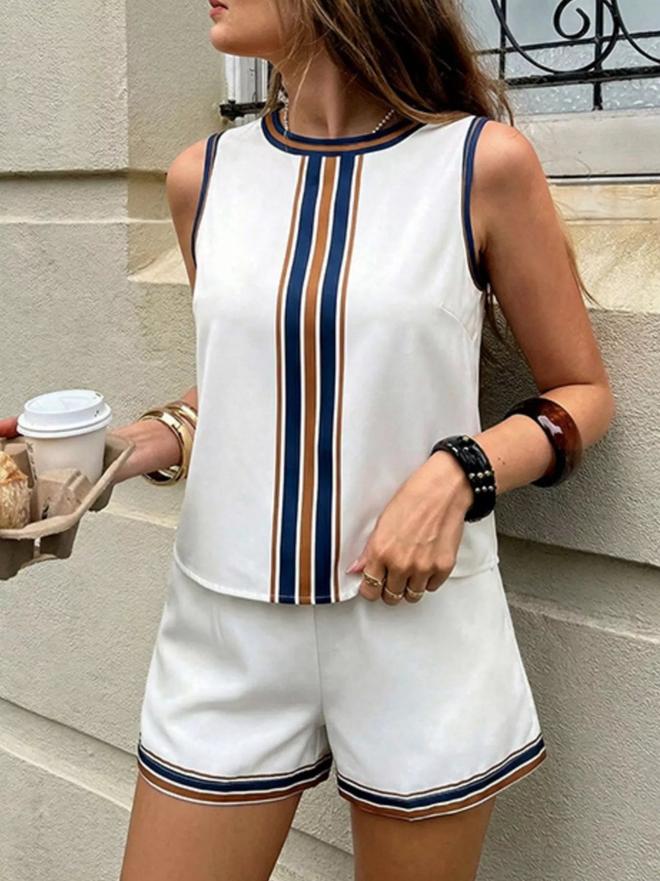 Striped Sleeveless Top and Shorts Set, available in White and Black — pocketed two-piece polyester outfit