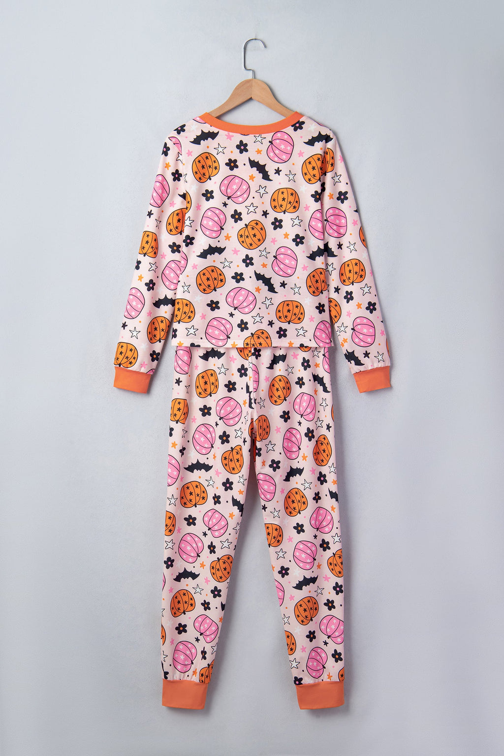 Halloween Pumpkin Long Sleeve Top and Pants Lounge Set in Pink, styled view