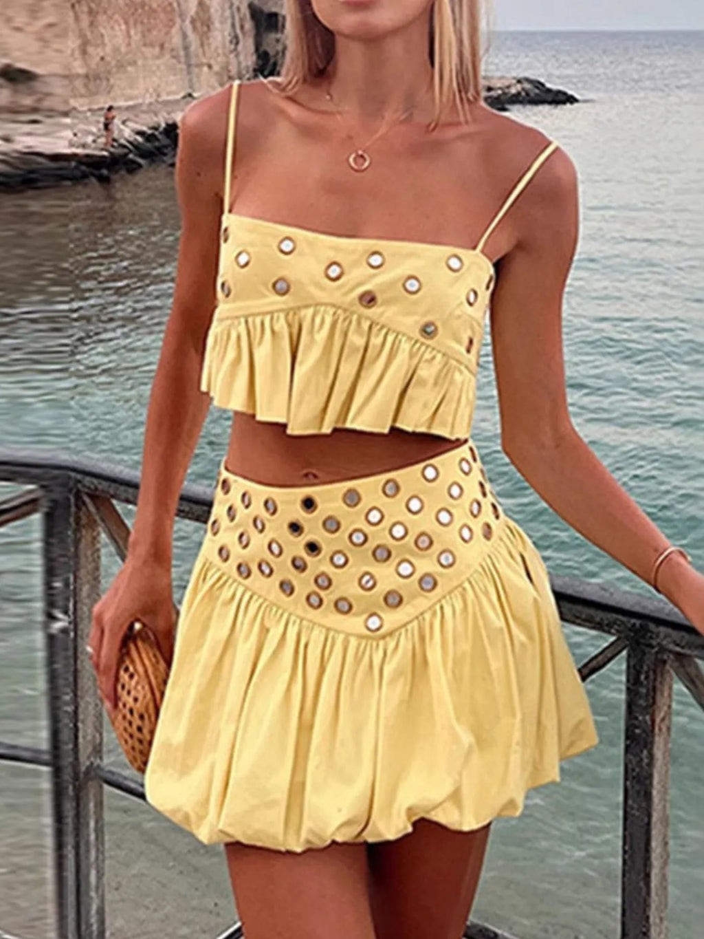 Eyelet Cami and Bubble Skirt Set - cutout ruffled two-piece set, view 2