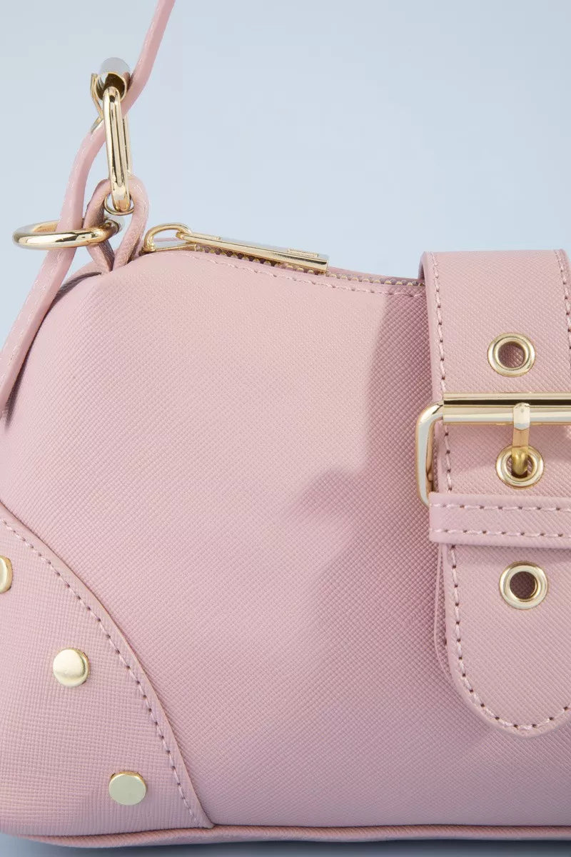 Fame Studded Saffiano Buckle Strap Shoulder Bag - close up of stud and saffiano texture detail