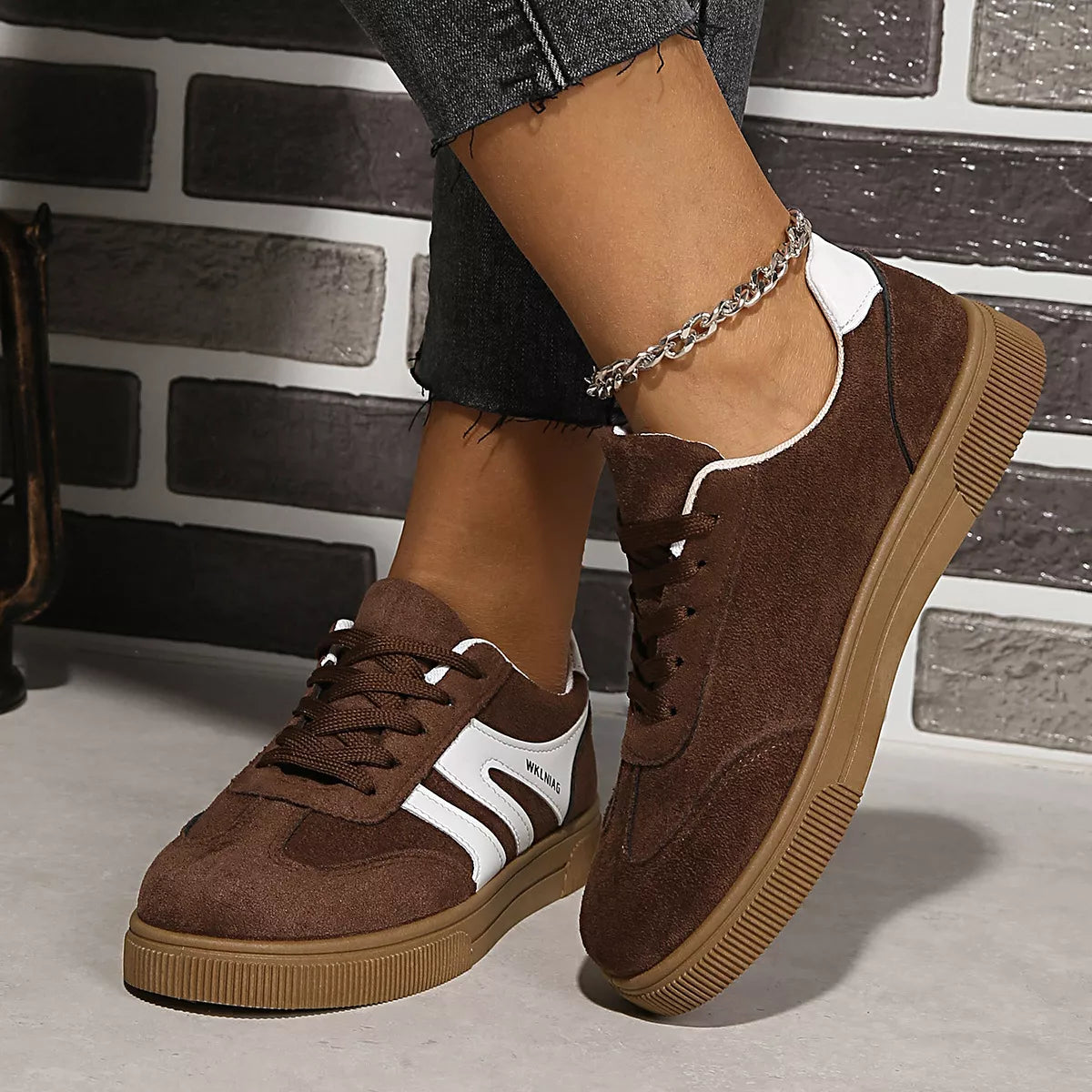 Round Toe Lace Up Sneakers in Brown - side view