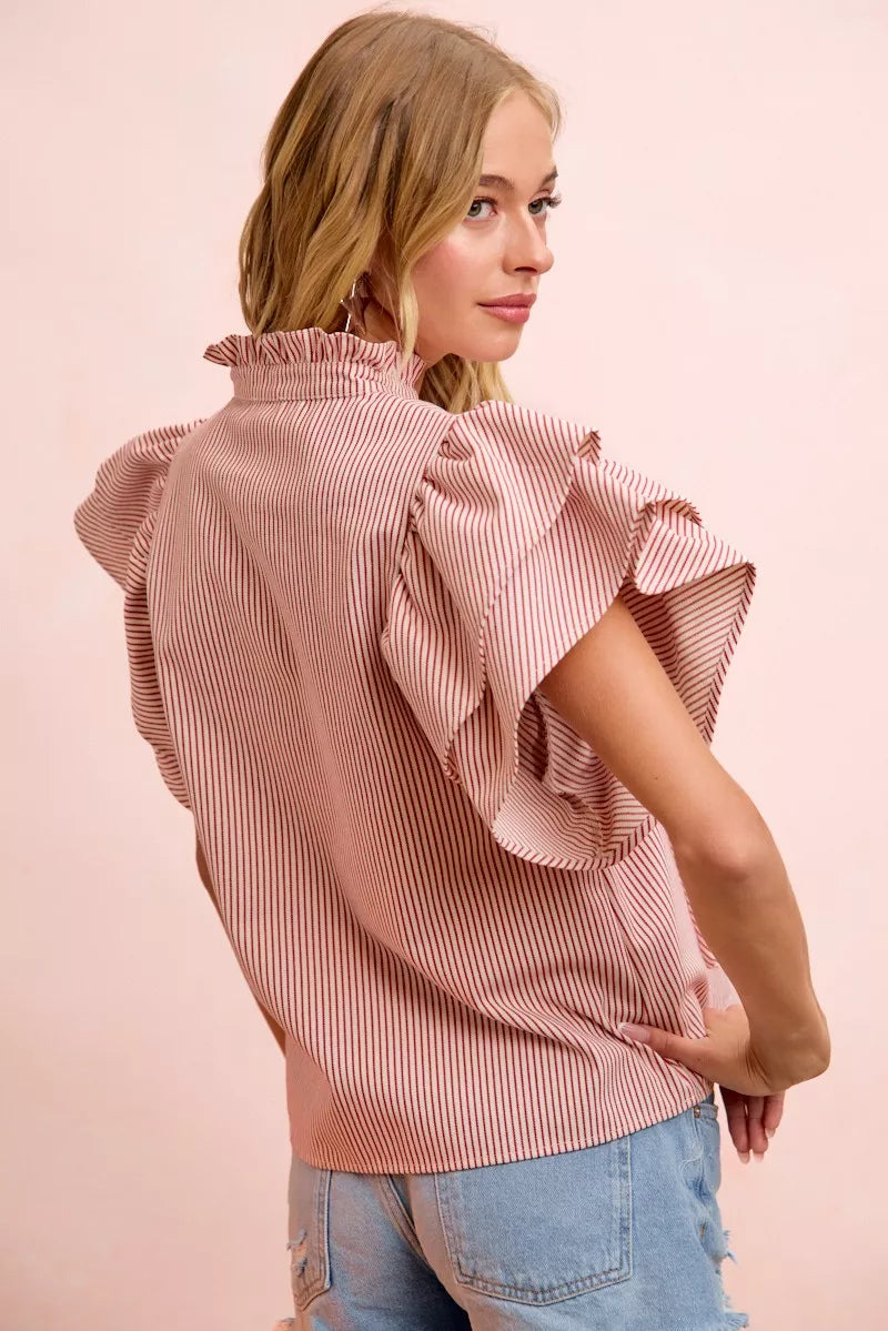 BiBi Twill Striped Ruffle Sleeve Blouse - twill striped ruffle blouse, view 4