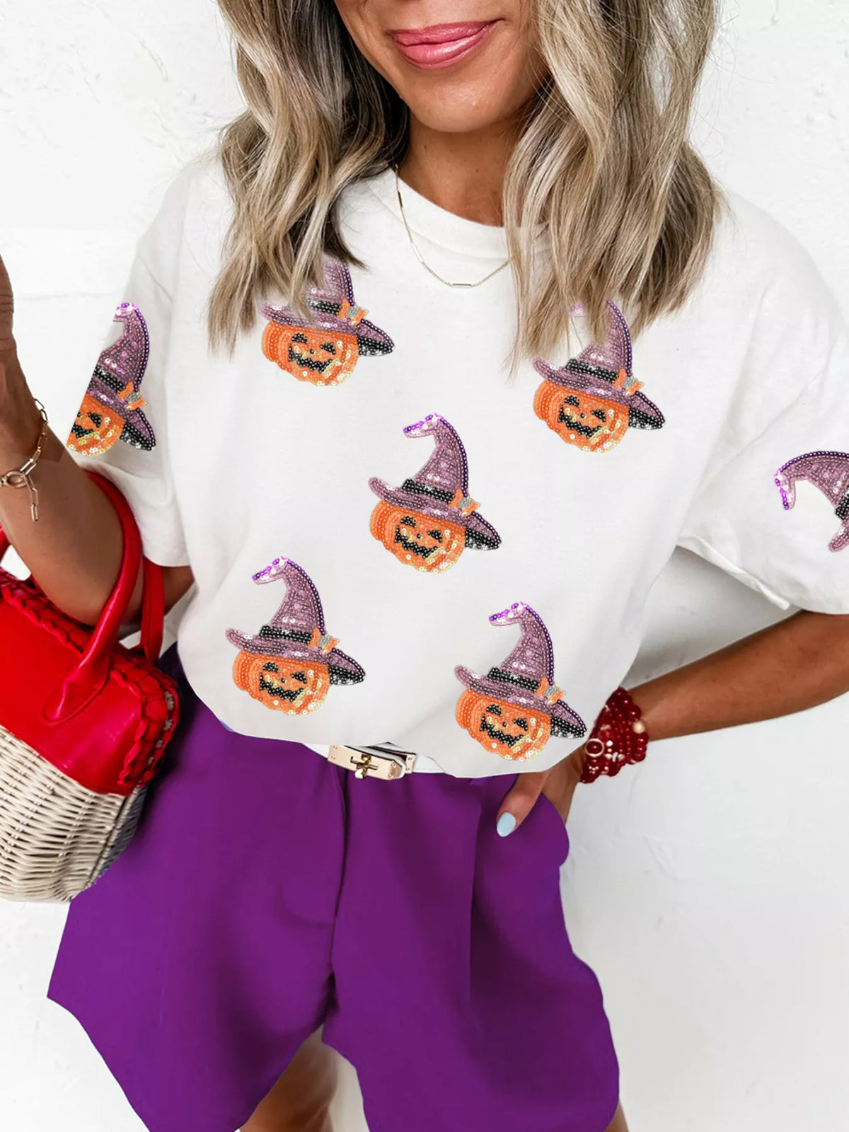 Sequin Pumpkin Witch Halloween Tee - front view
