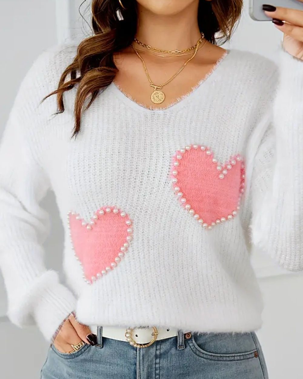 Heart V-Neck Long Sleeve Sweater