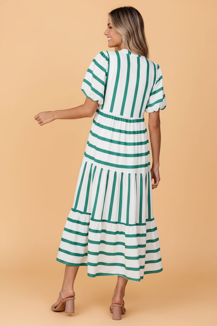 Stripe Ricrac Trim Notched Neck Midi Dress in Green Stripe with empire waistline, notched V-neckline, ricrac trim, and puff sleeves shown on model