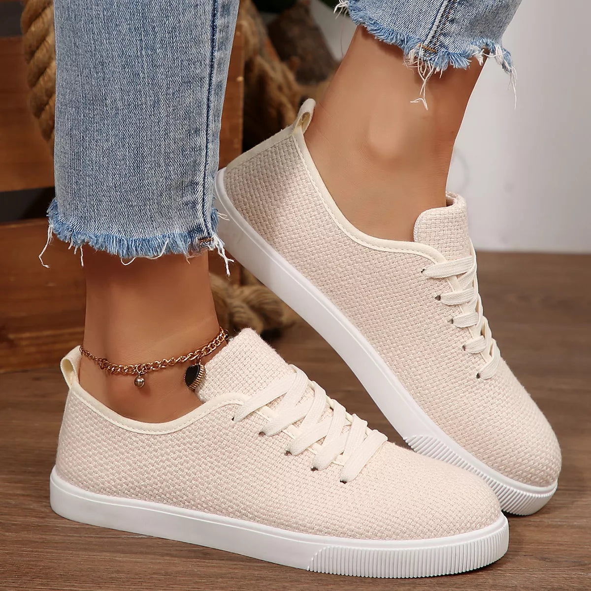 Round Toe Lace Up Sneakers - canvas lace-up sneakers, view 2