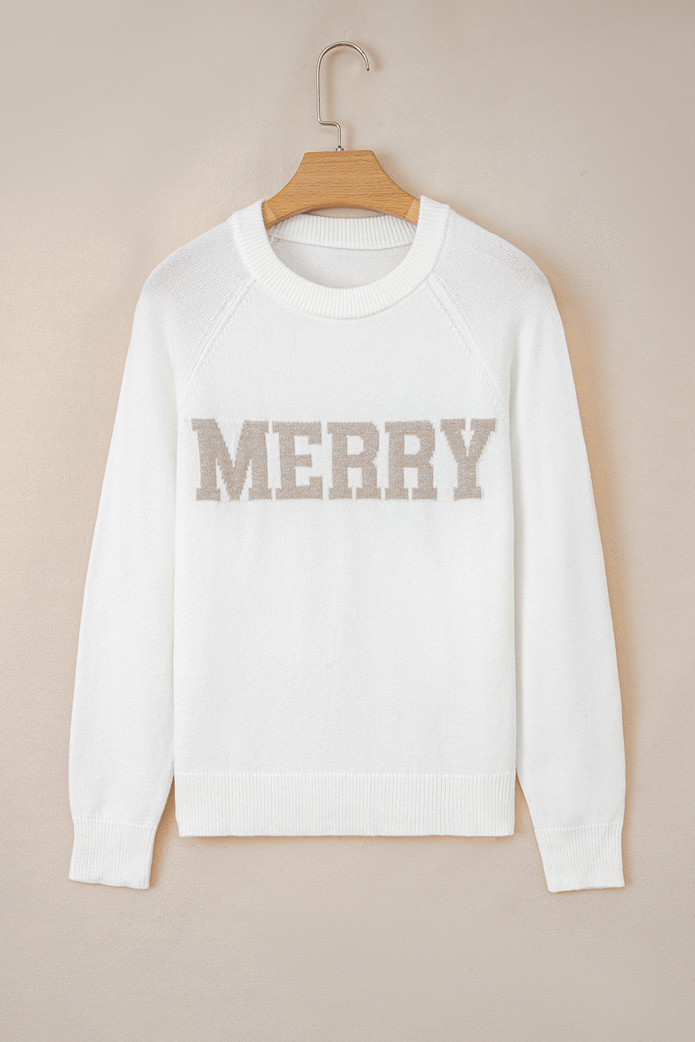 MERRY Raglan Long Sleeve Christmas Sweater, styled view alternate color