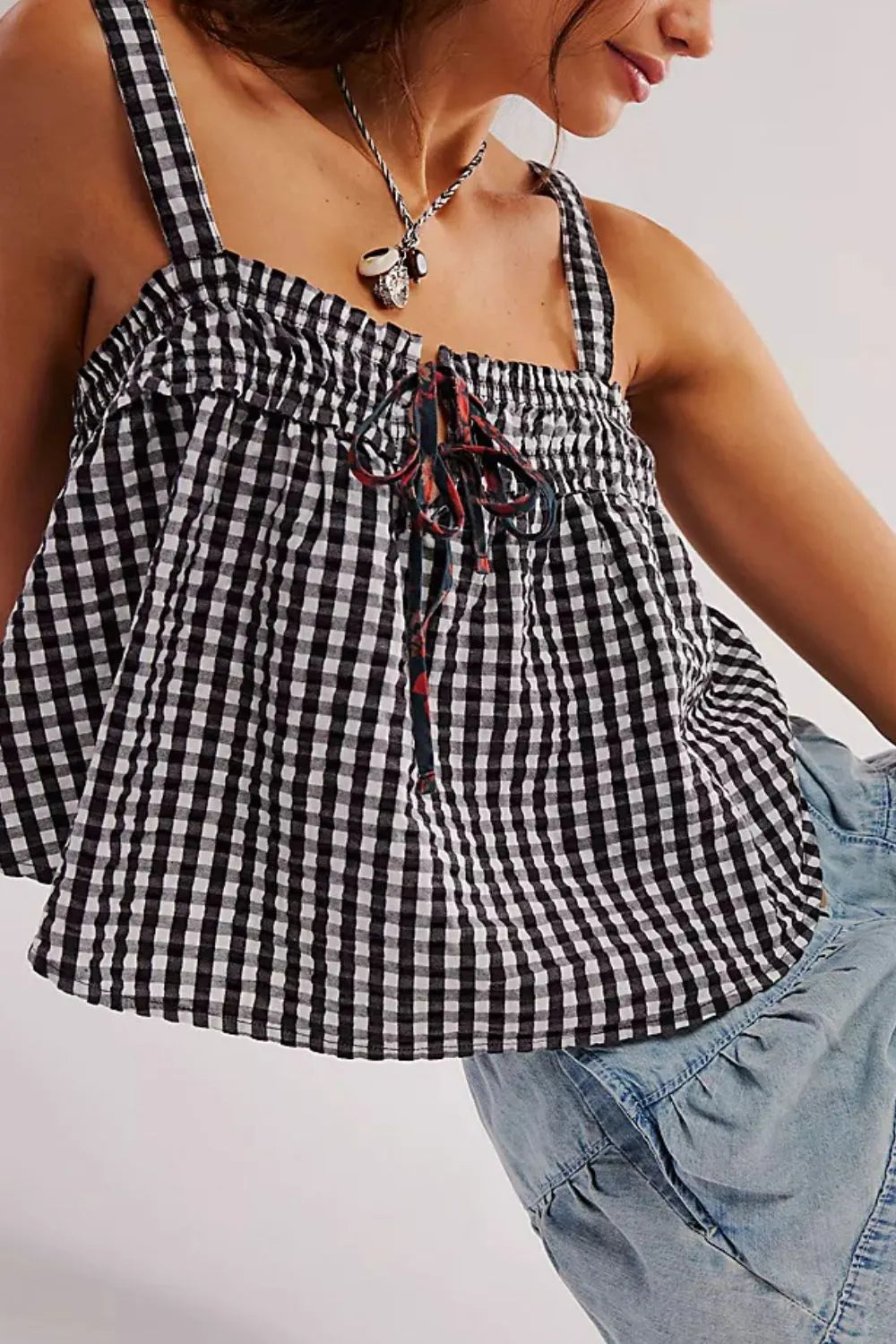 Tied Front Textured Square Neck Cami - square neck tie-front cami, view 6