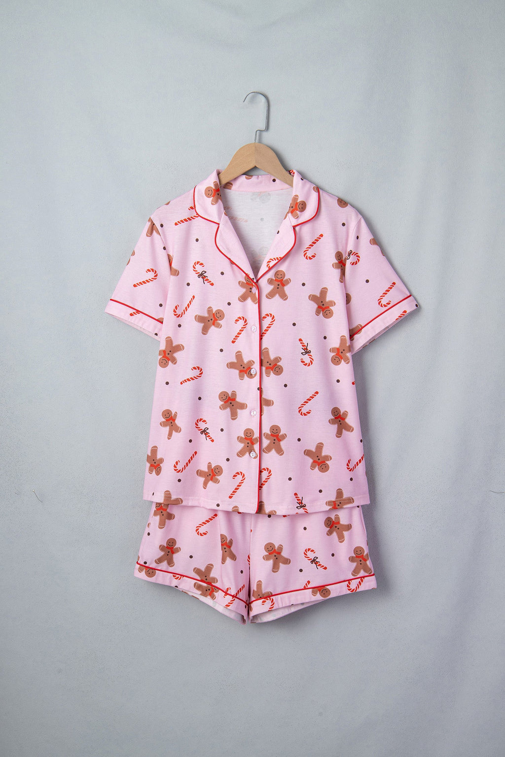 Christmas Gingerbread Top and Shorts Pajama Set in Pink, detail view
