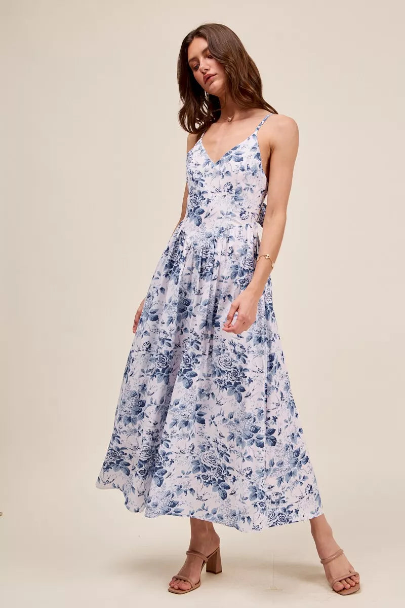 SO ME Floral Woven V Neck Dress With Back Ribbon Tie - back view showing ribbon tie