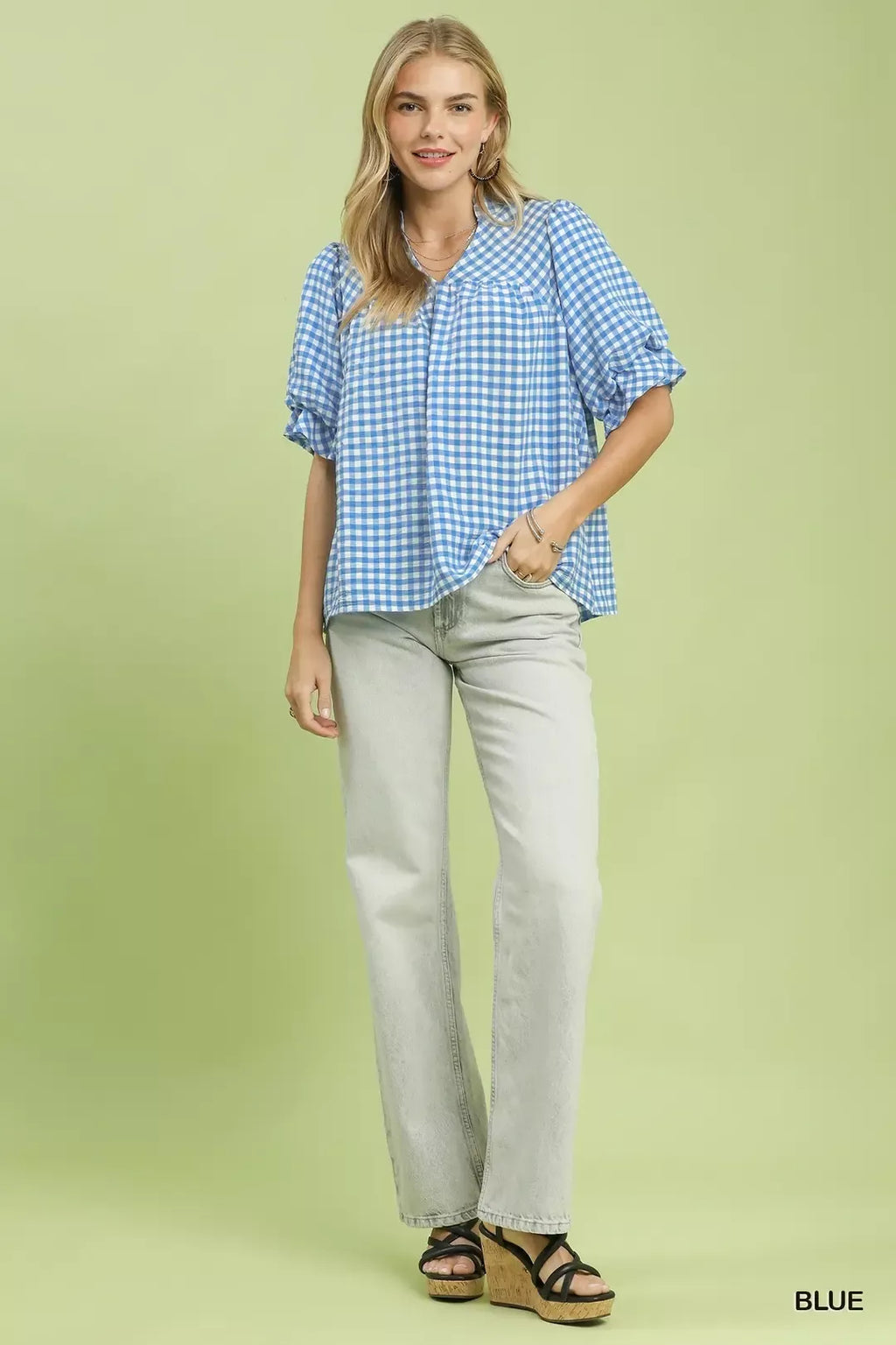 Umgee Gingham Check Blouse with Ruffle Sleeves in Blue - styled outfit view
