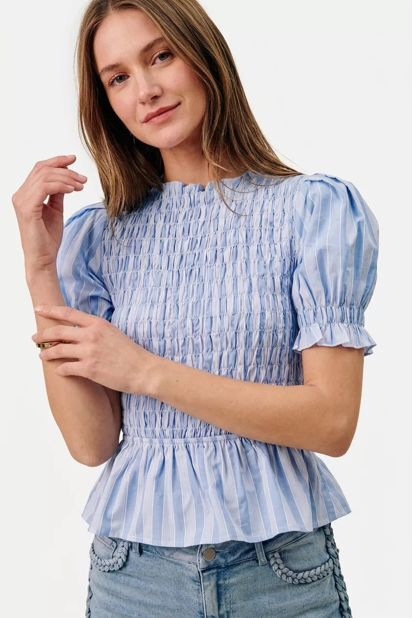 SO ME Stripe Smocked Bodice Puff Sleeves Blouse Top in Blue - front view showing smocked bodice and puff sleeves