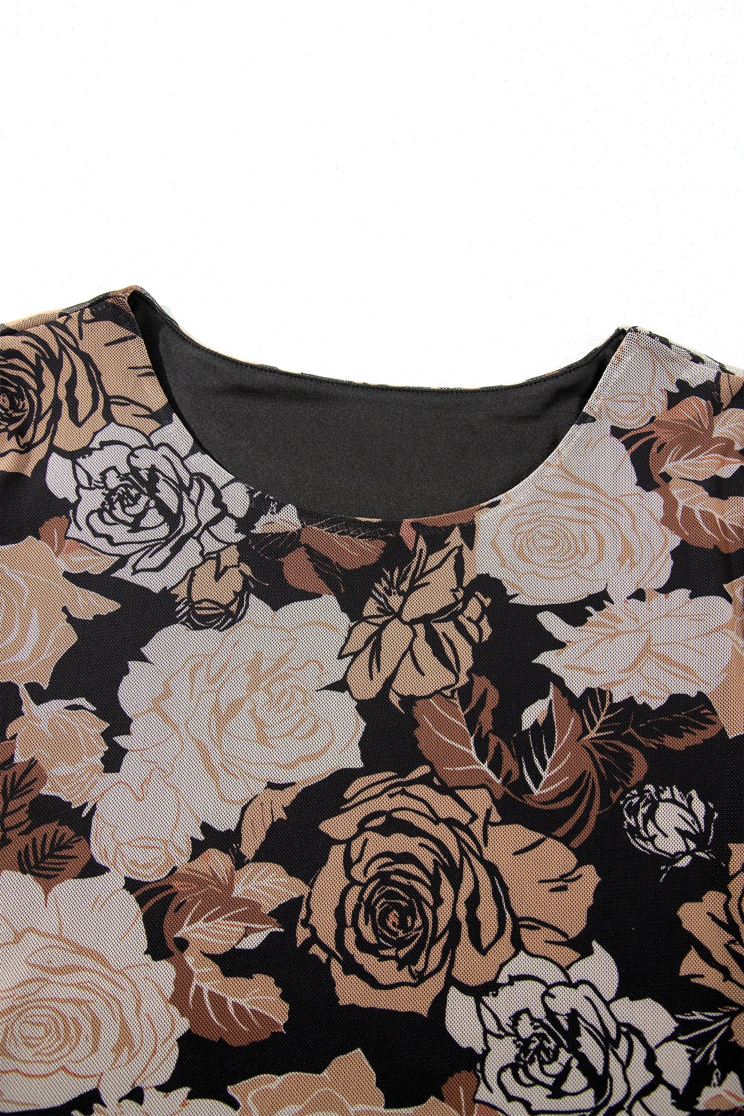 Floral Asymmetric Ruffle Mesh Dress in black, close-up