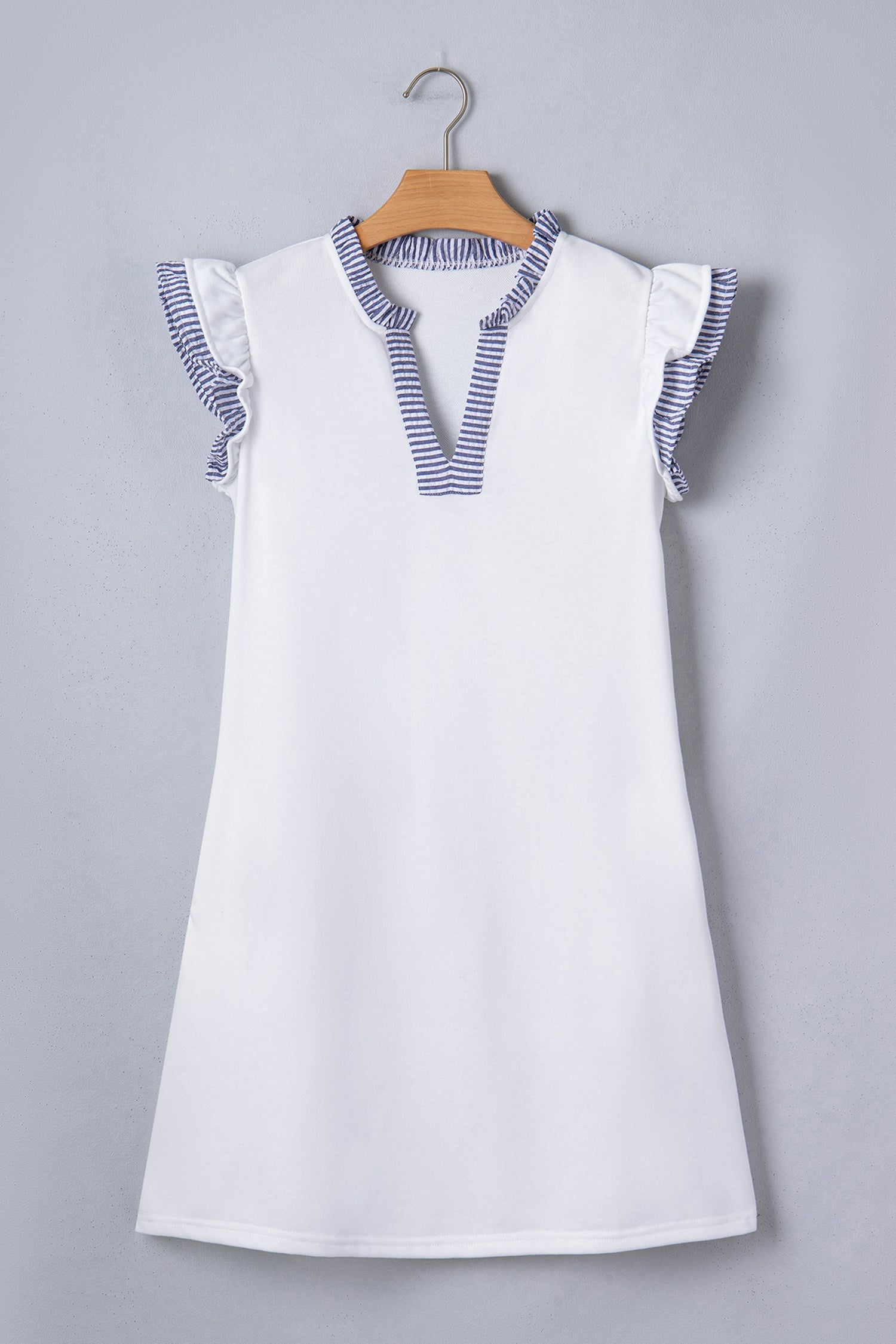 Stripe Patchwork Split Neck Ruffle Trim Sleeveless Dress in White with stripe patchwork, split neckline, double ruffle trim, and sleeveless silhouette shown on model