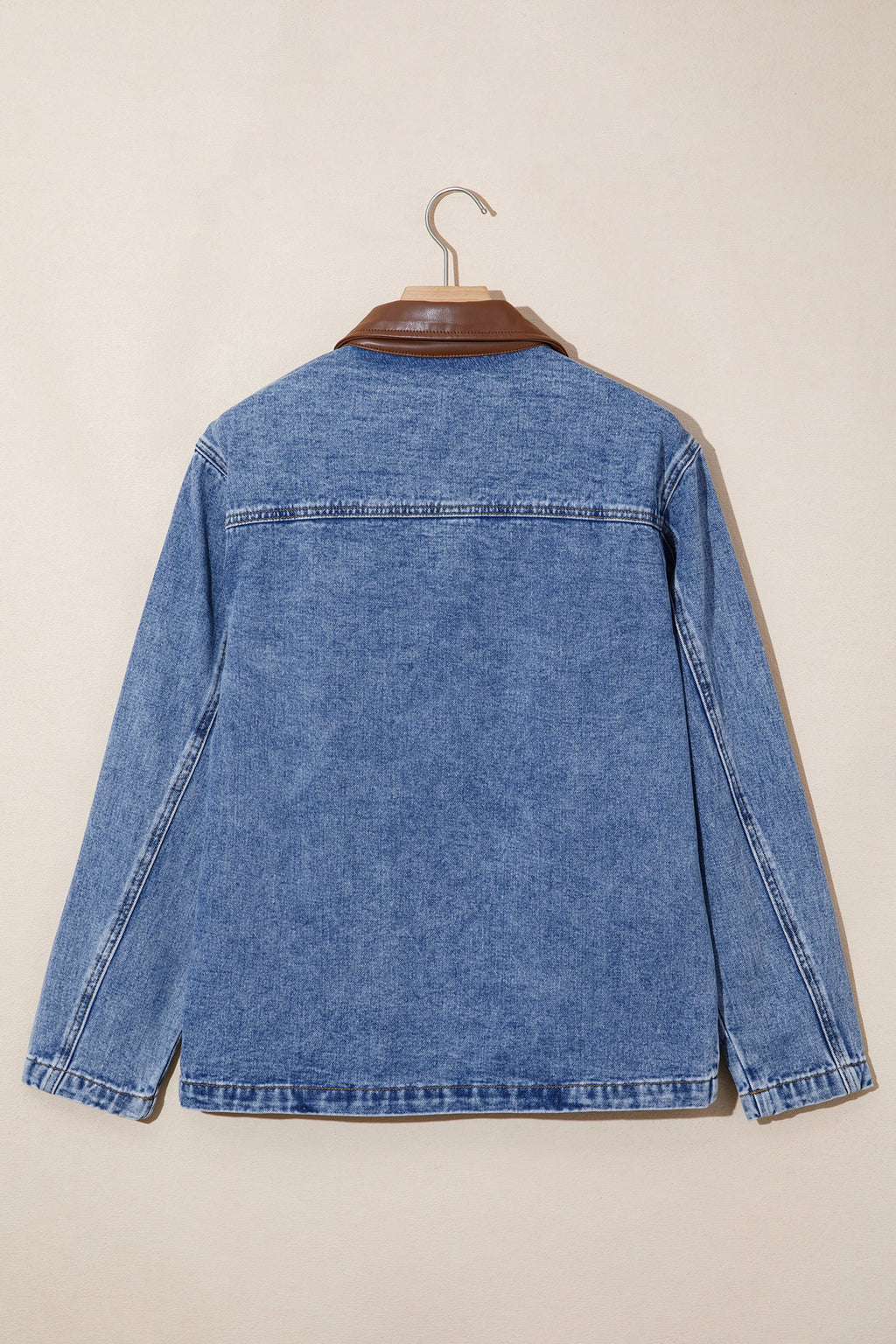 Denim Leather Collar Button Front Jacket in sky blue, side view
