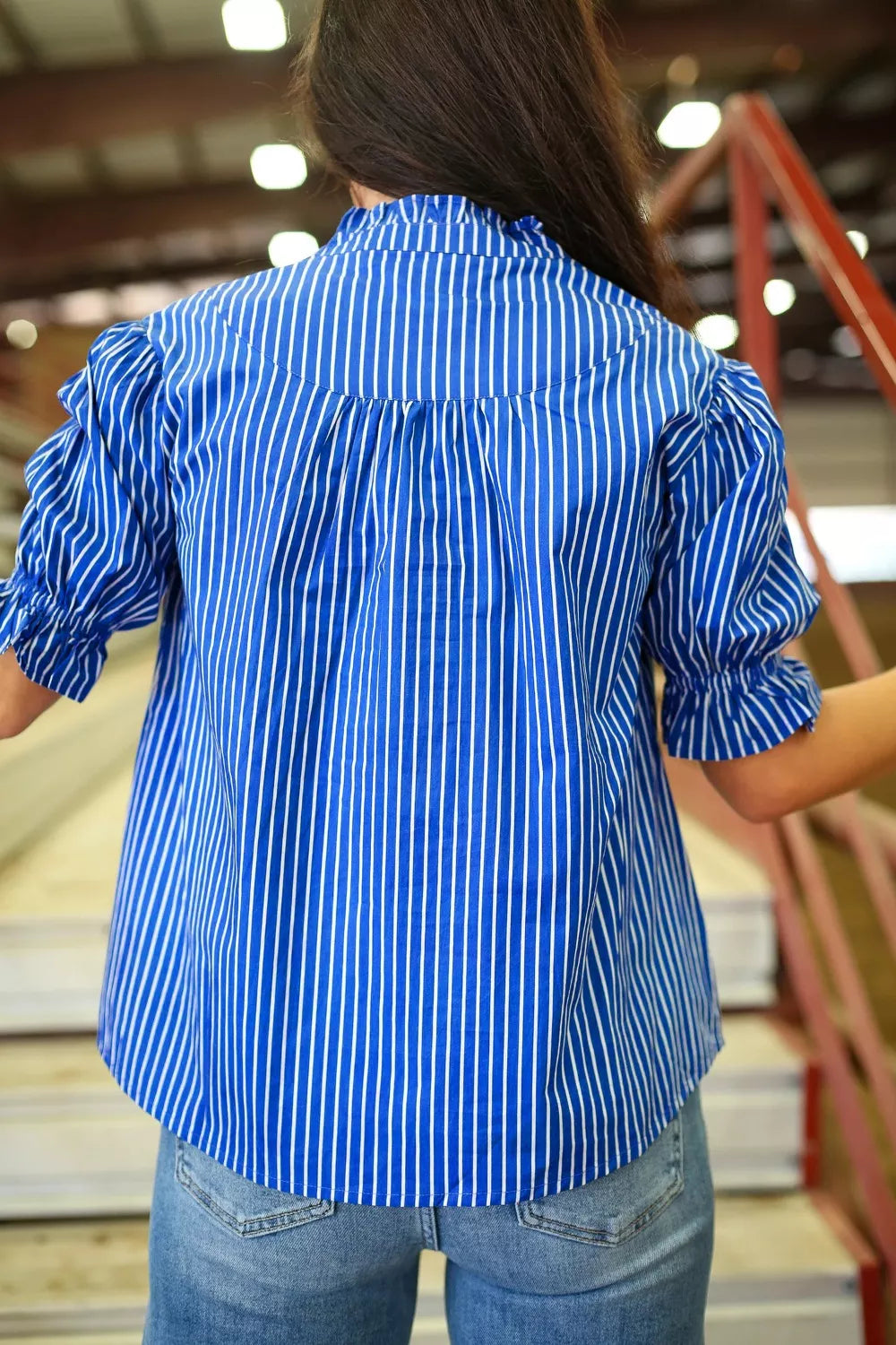 Stripe Ruffled Short Puff Sleeve Button Front Blouse - styled with trousers