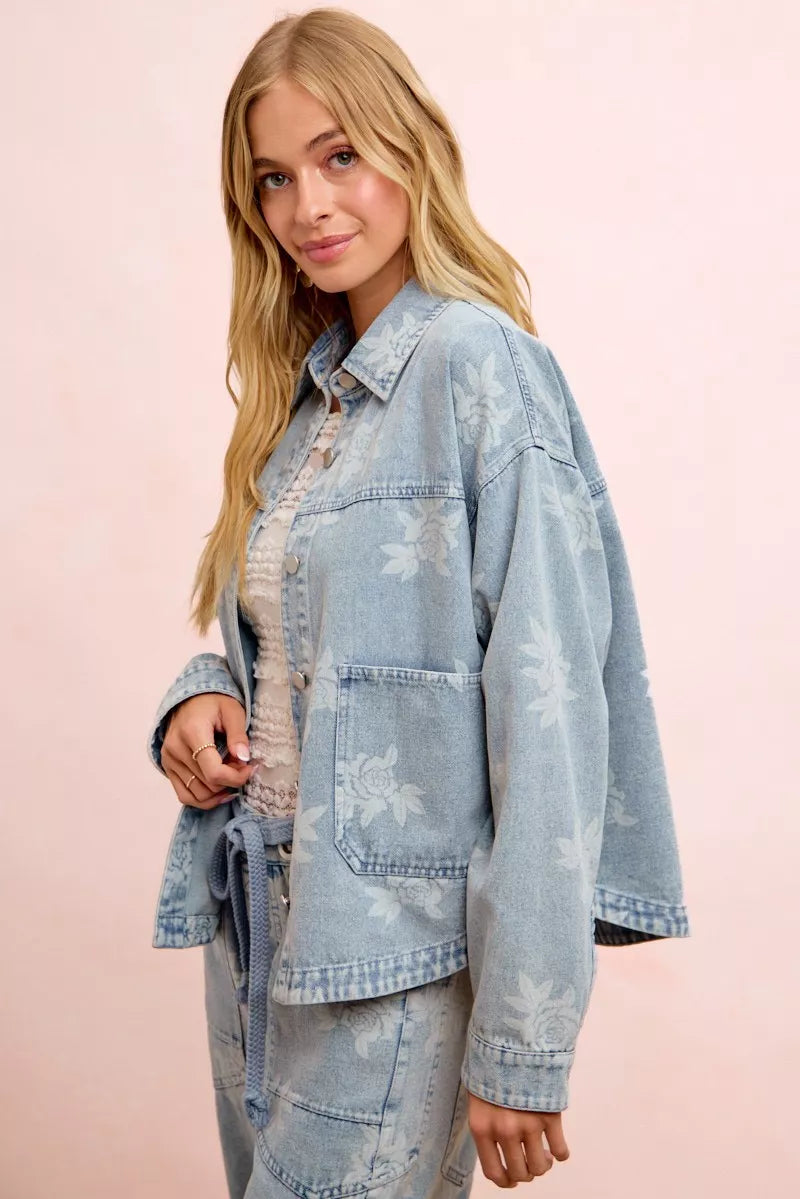BiBi Printed Washed Denim Jacket With Pocket - back view