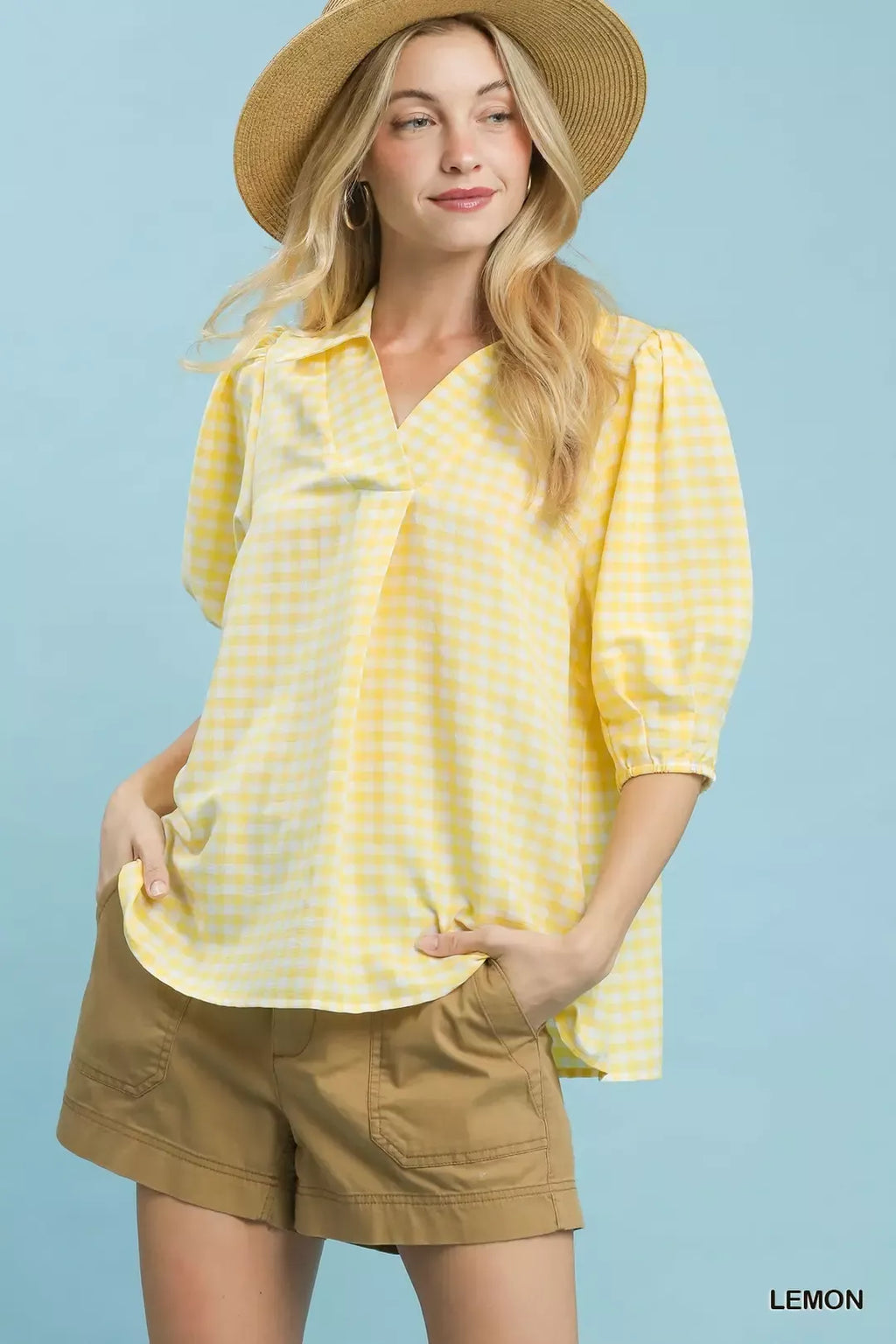 Umgee Gingham Puff Sleeve Collared Blouse in Lemon - back view