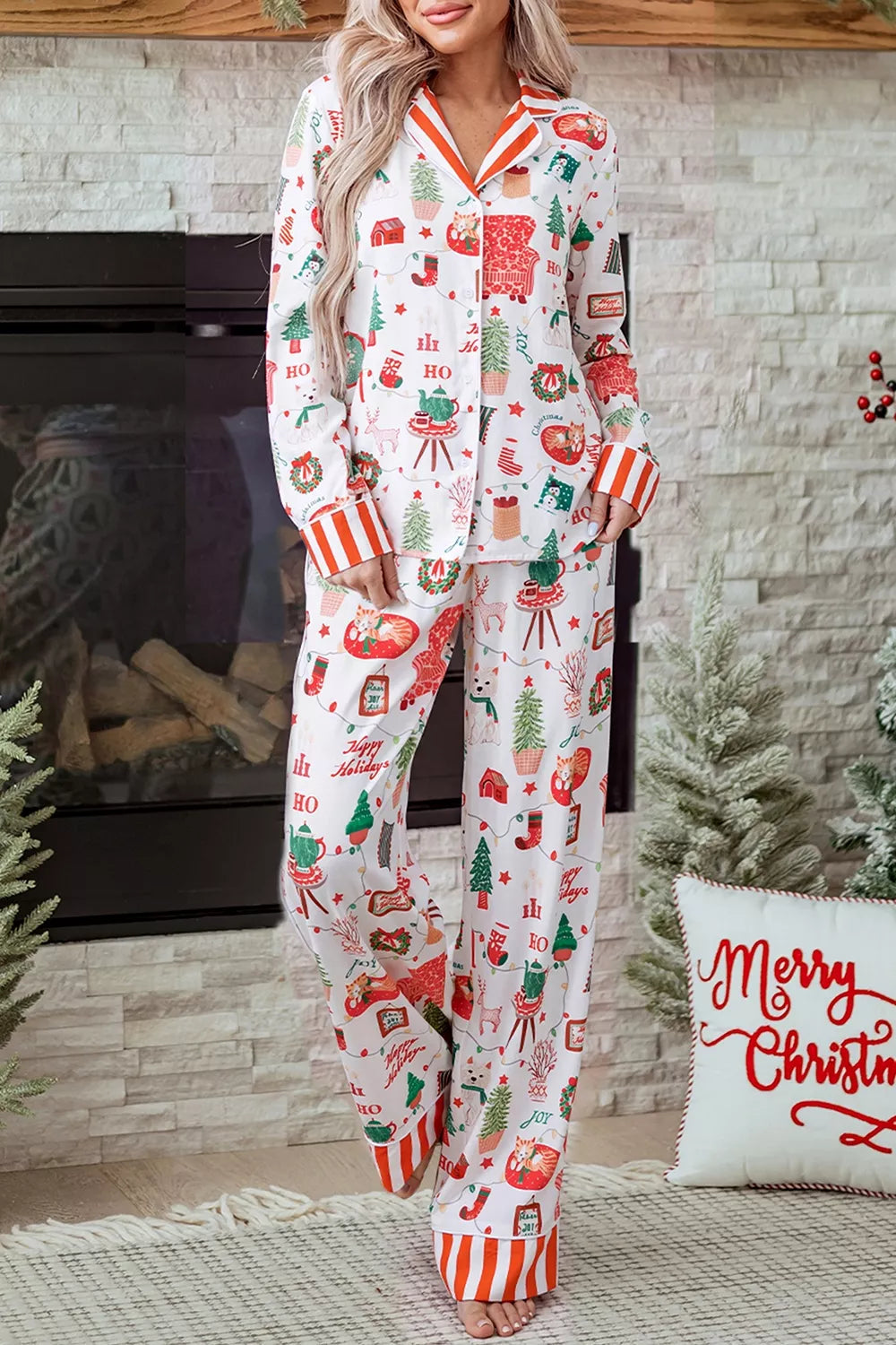 White striped holiday lounge set with button-front top and pants - view 3