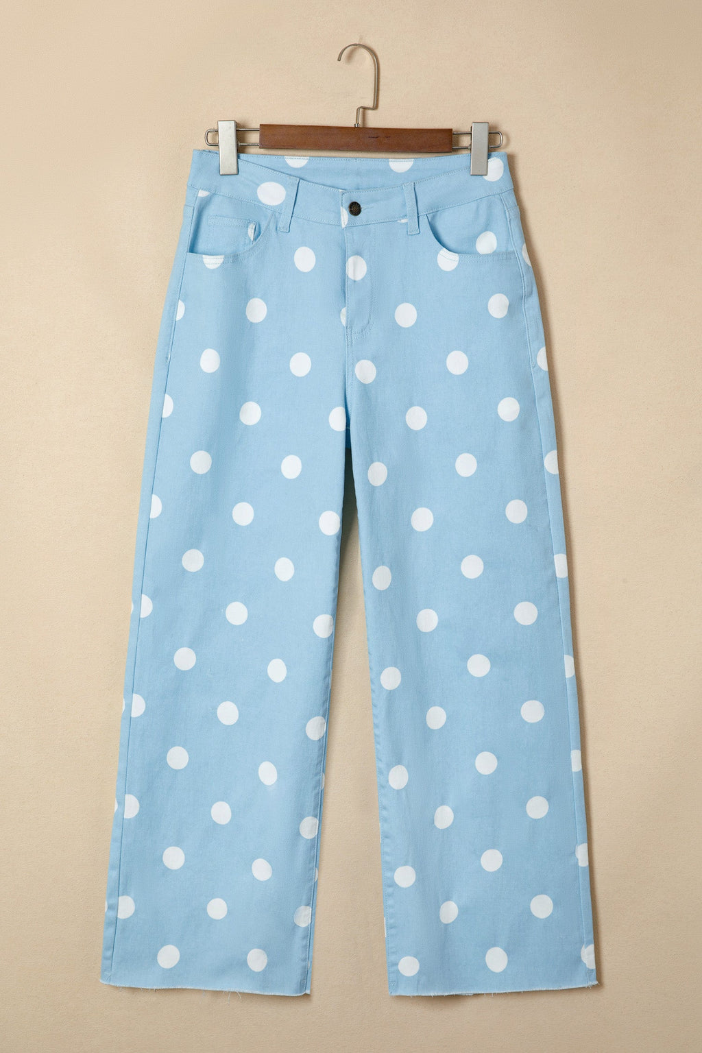 Polka Dot Denim Raw Hem High Waist Jeans in Sky Blue - back view