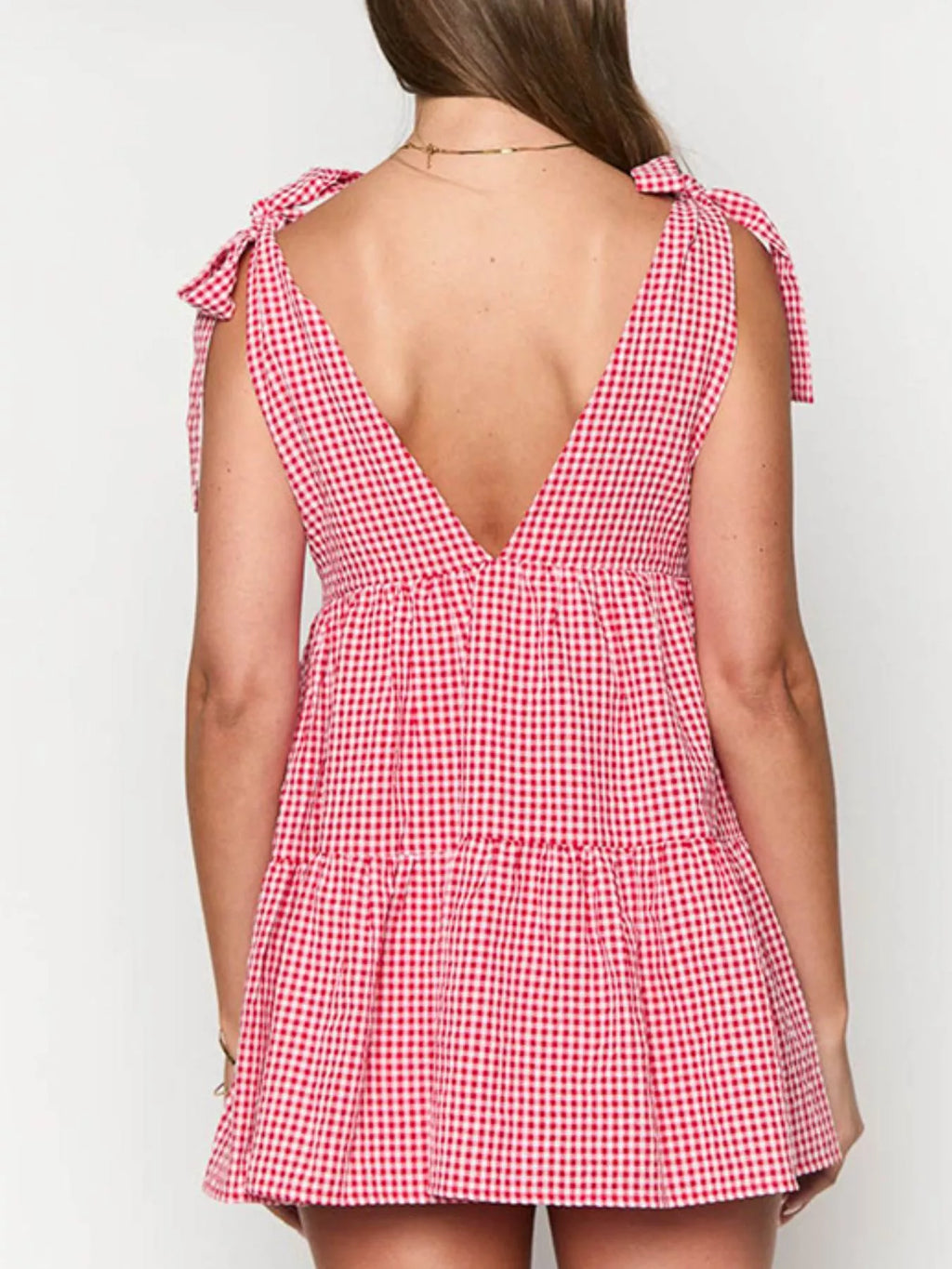 Gingham Tie-Shoulder Mini Dress in Black - front view