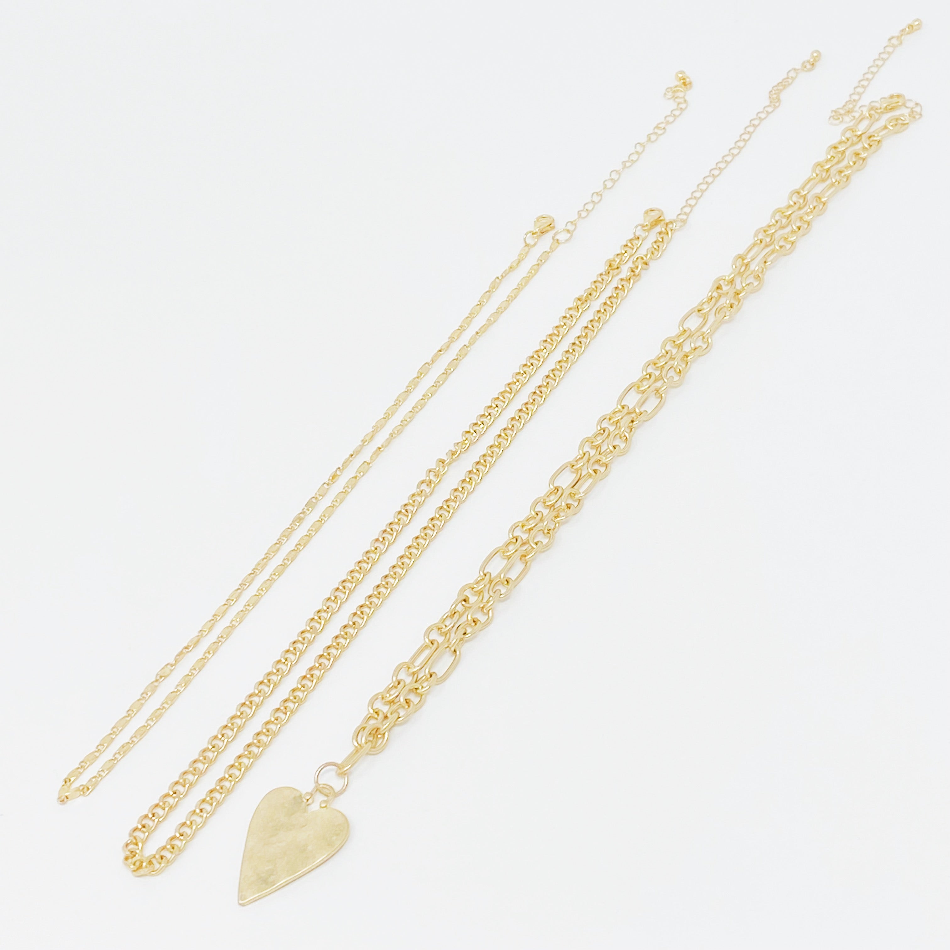 Heart Charm Layered Chain Necklace Set of 3 - flat lay view