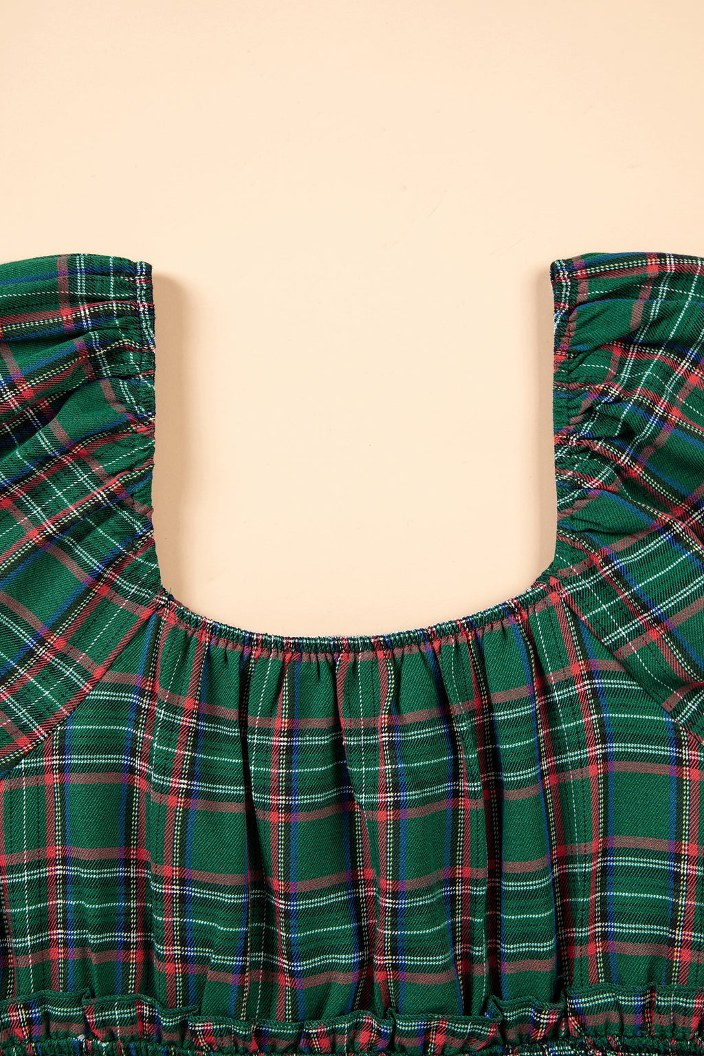 Plaid Shirred Scoop Neck Short Sleeve Mini Dress in Green, back view