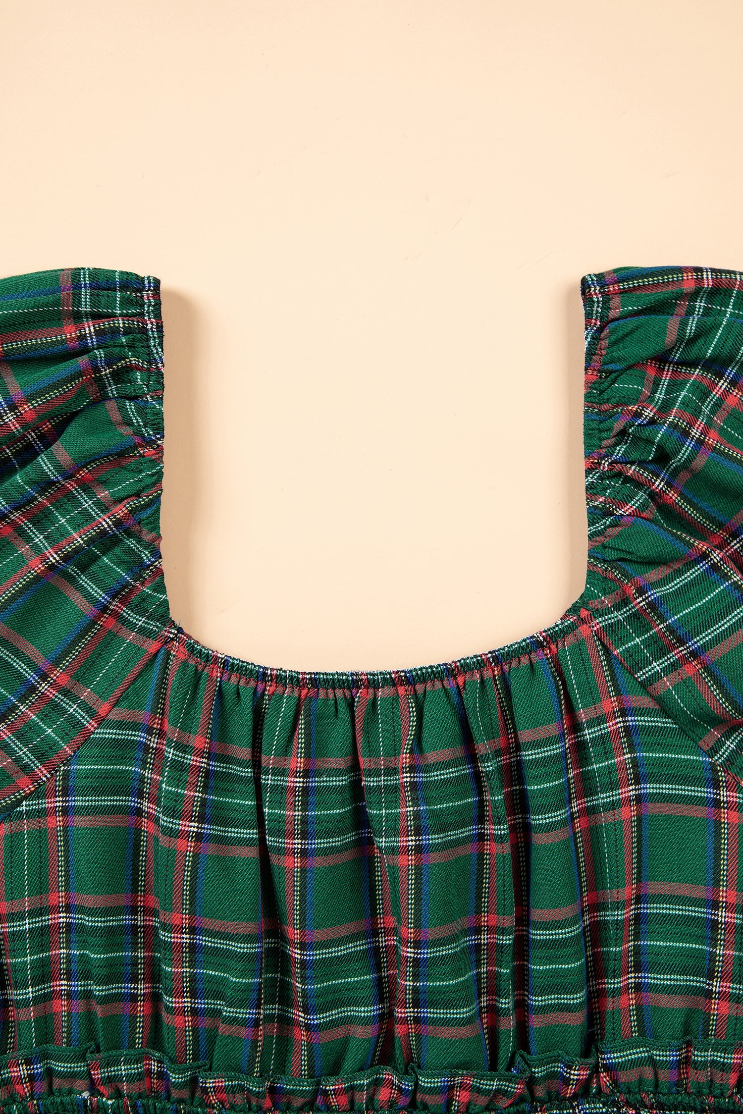 Plaid Shirred Scoop Neck Short Sleeve Mini Dress in Green, back view