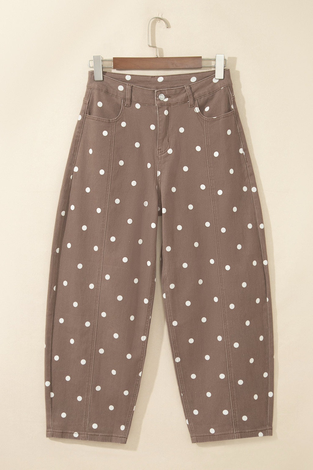 Polka Dot Denim Barrel Leg Jeans in brown, detail