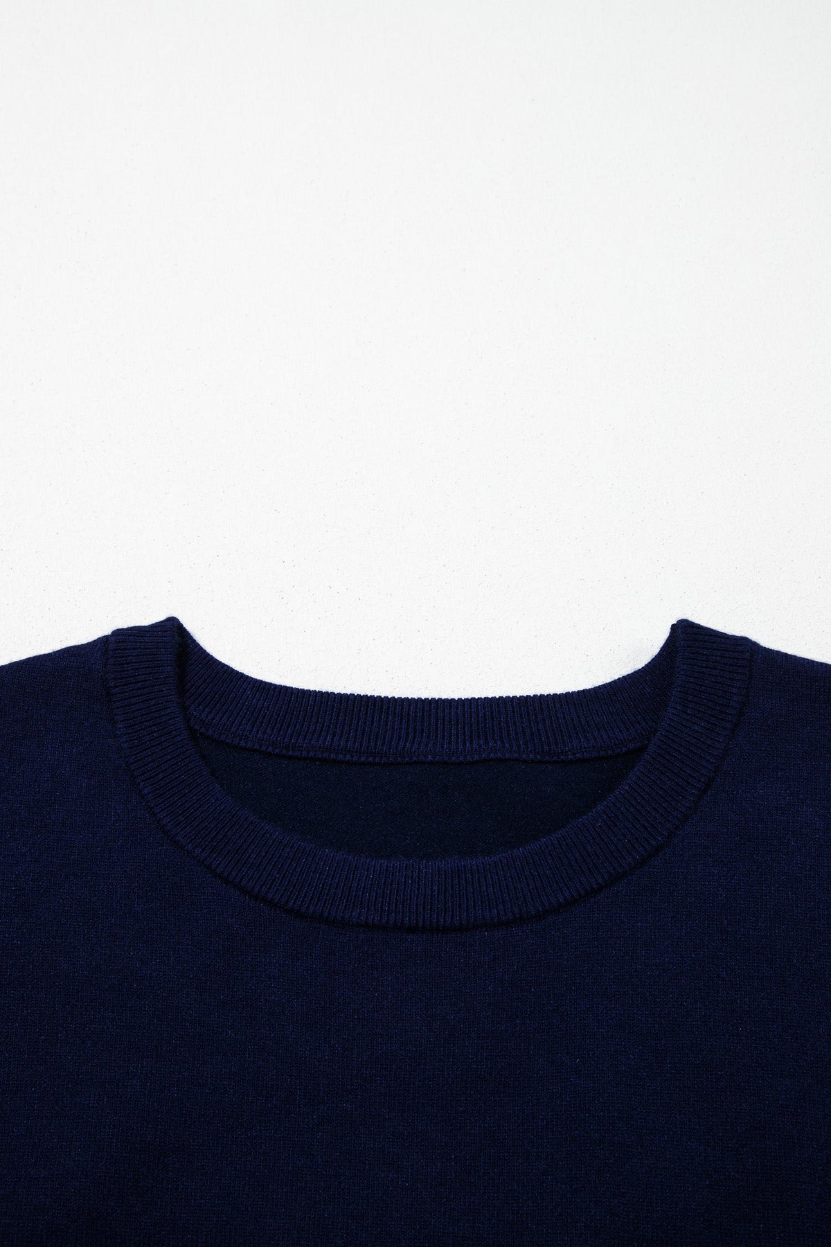 Stripe Patchwork Drop Shoulder Sweater in navy blue, close-up