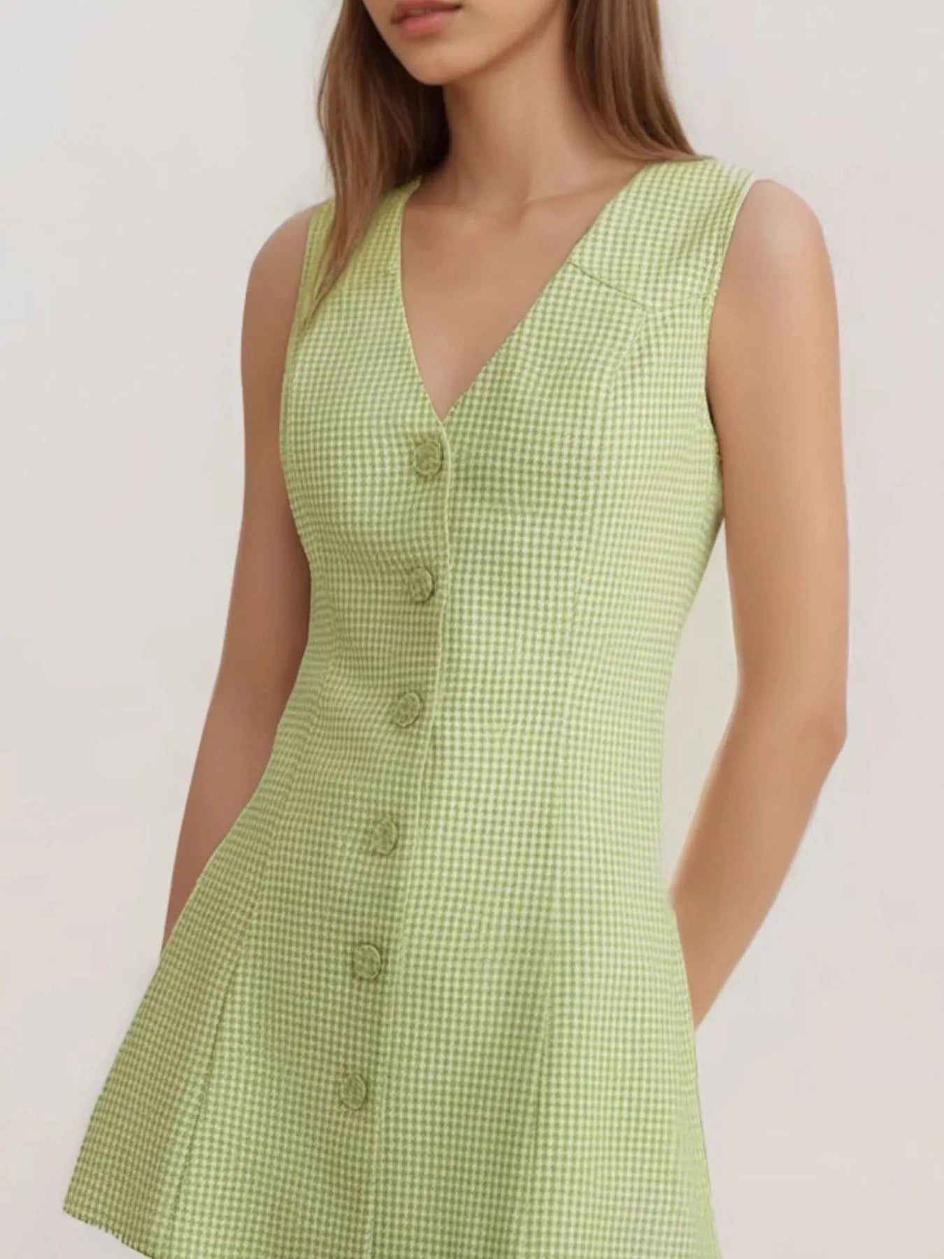 Gingham Button-Front A-Line Mini Dress in Matcha — buttoned, no-stretch poly-spandex blend