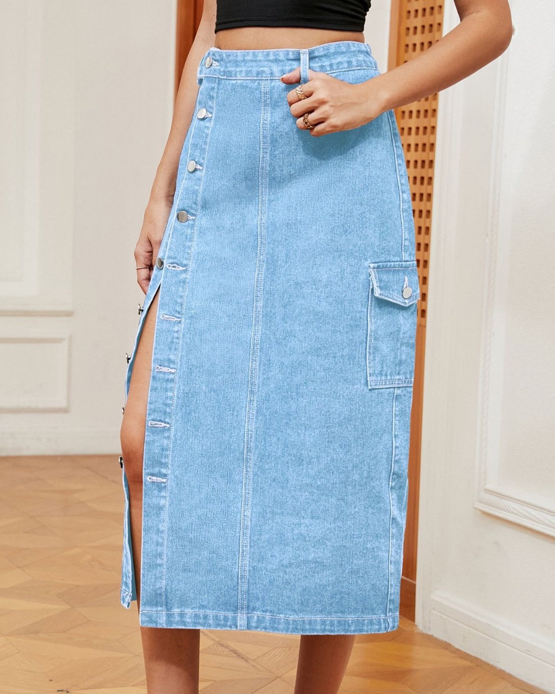 Button Down Midi Denim Skirt