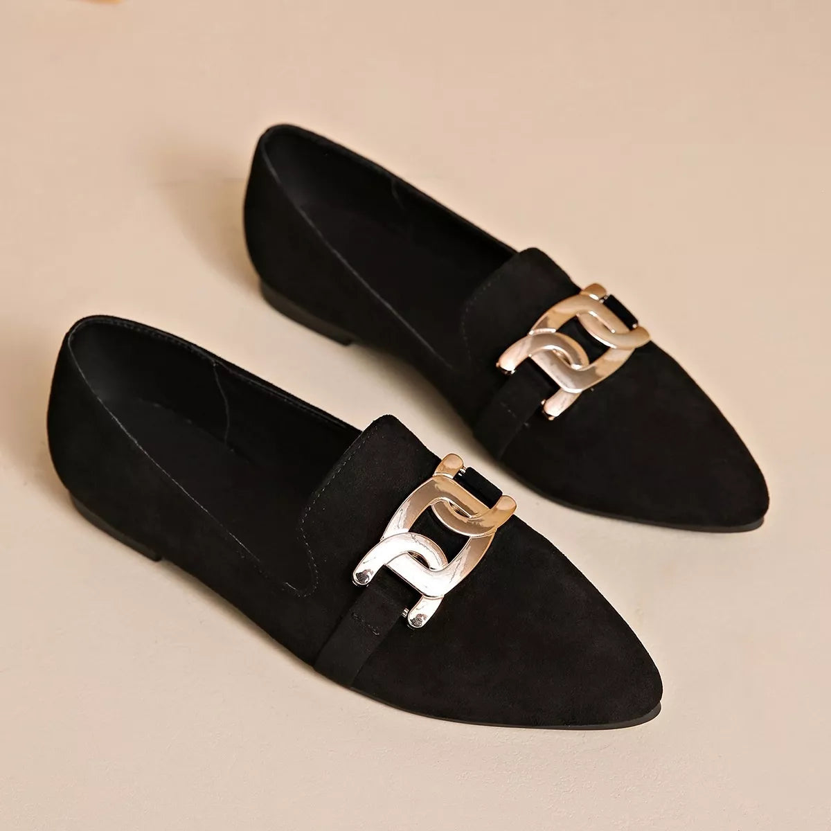 Pointed Toe Chain Detail Loafers in matcha green, black and pink, lifestyle view