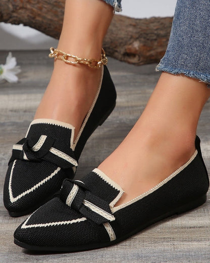 Bow Contrast Trim Point Toe Loafers