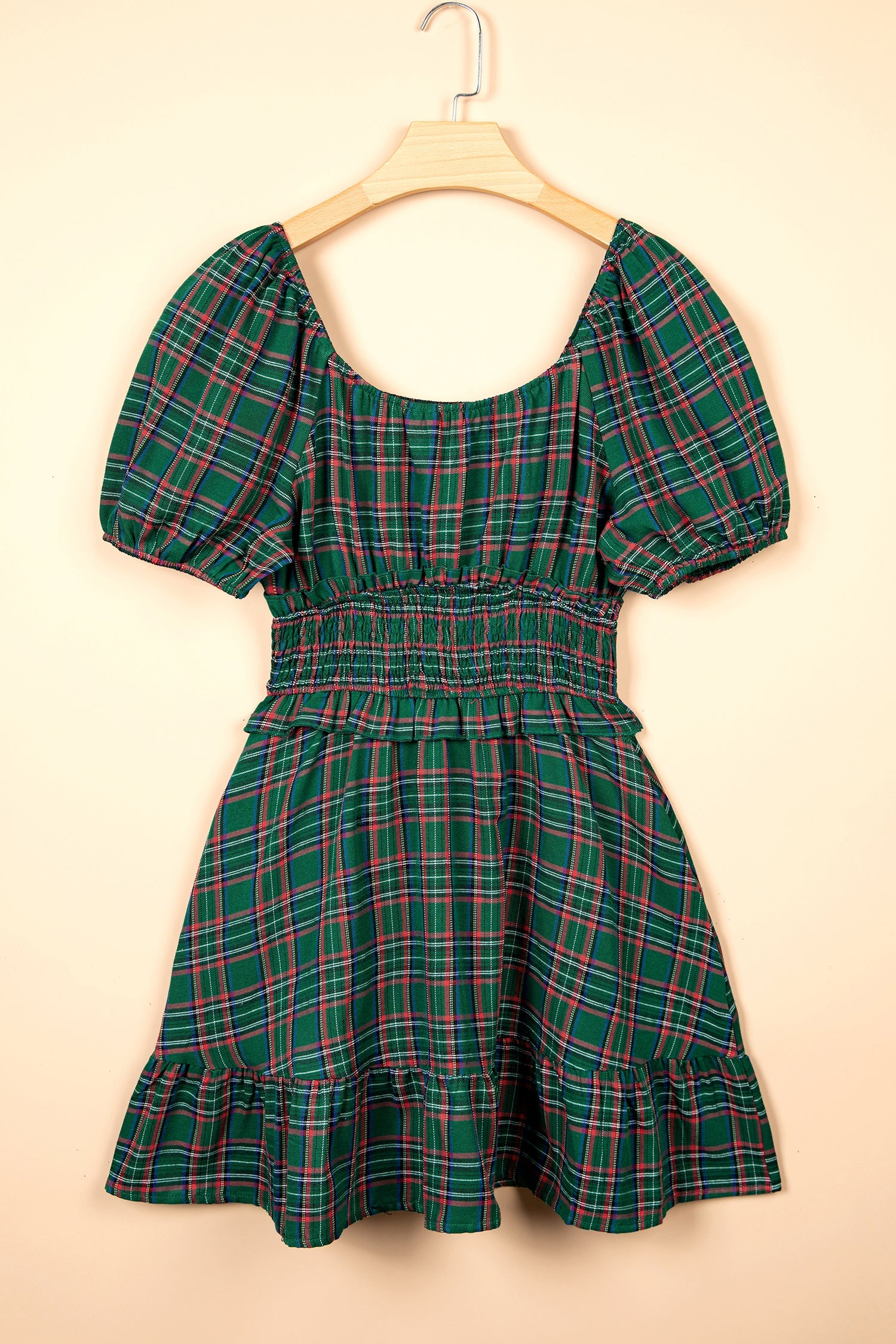 Plaid Shirred Scoop Neck Short Sleeve Mini Dress in Green, detail view