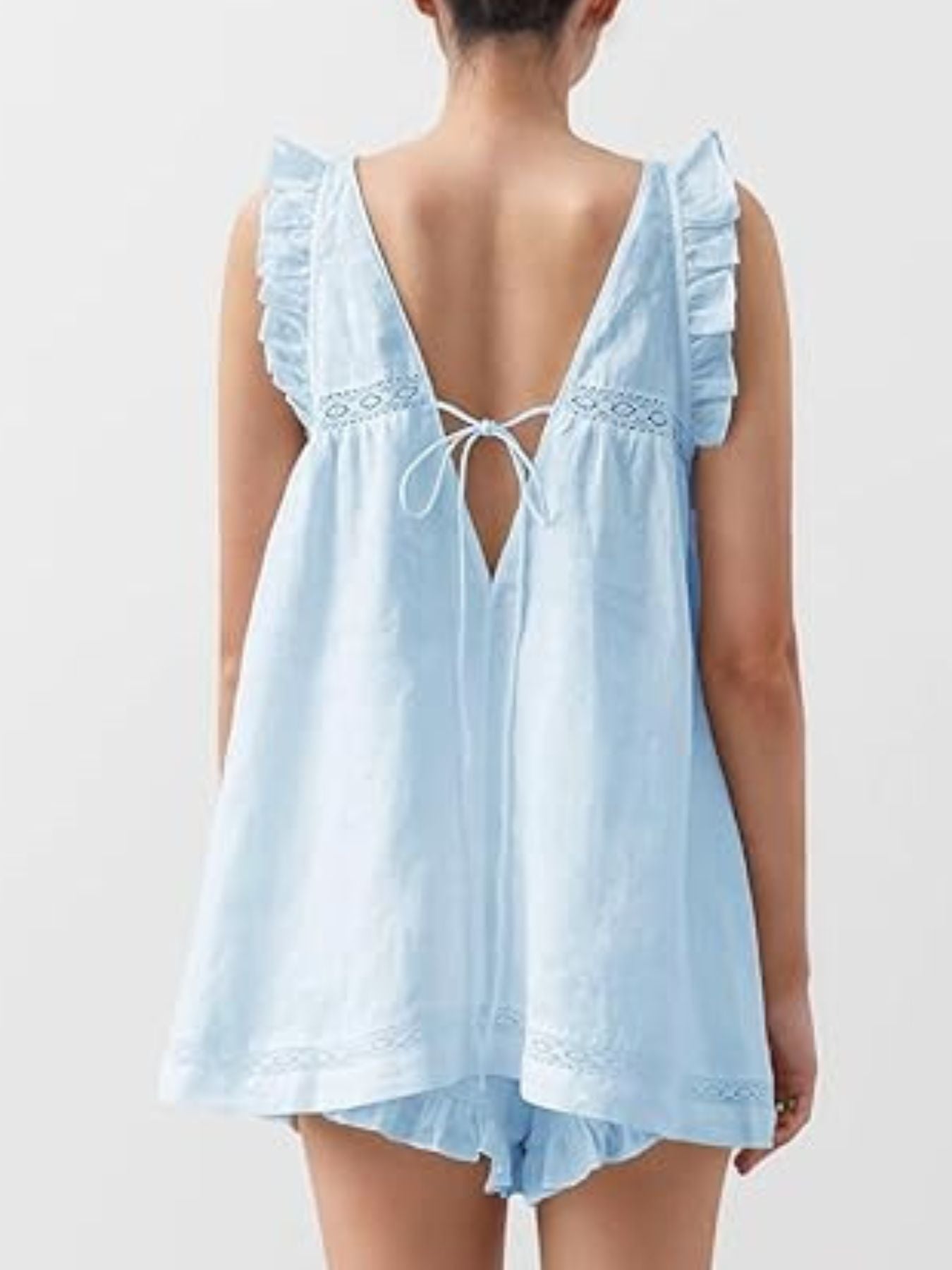 Ruffle Trim V-Neck Top and Shorts Set - ruffled two-piece set, view 3