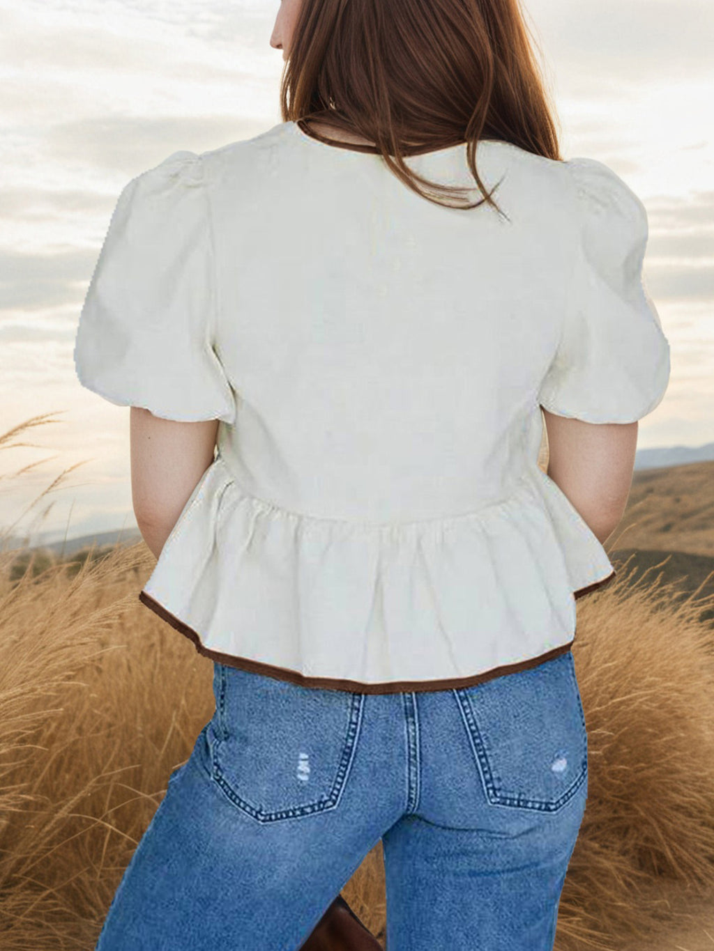 Tie-Front Puff Sleeve Peplum Blouse in Apricot - styled outfit full length view