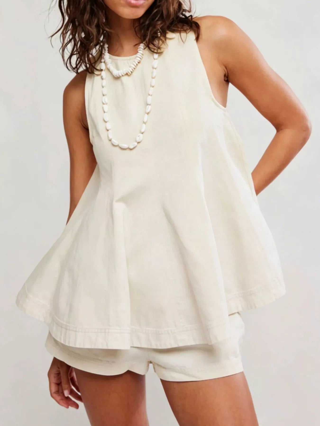 Sleeveless Top and Shorts Denim Set in Milky White, front view