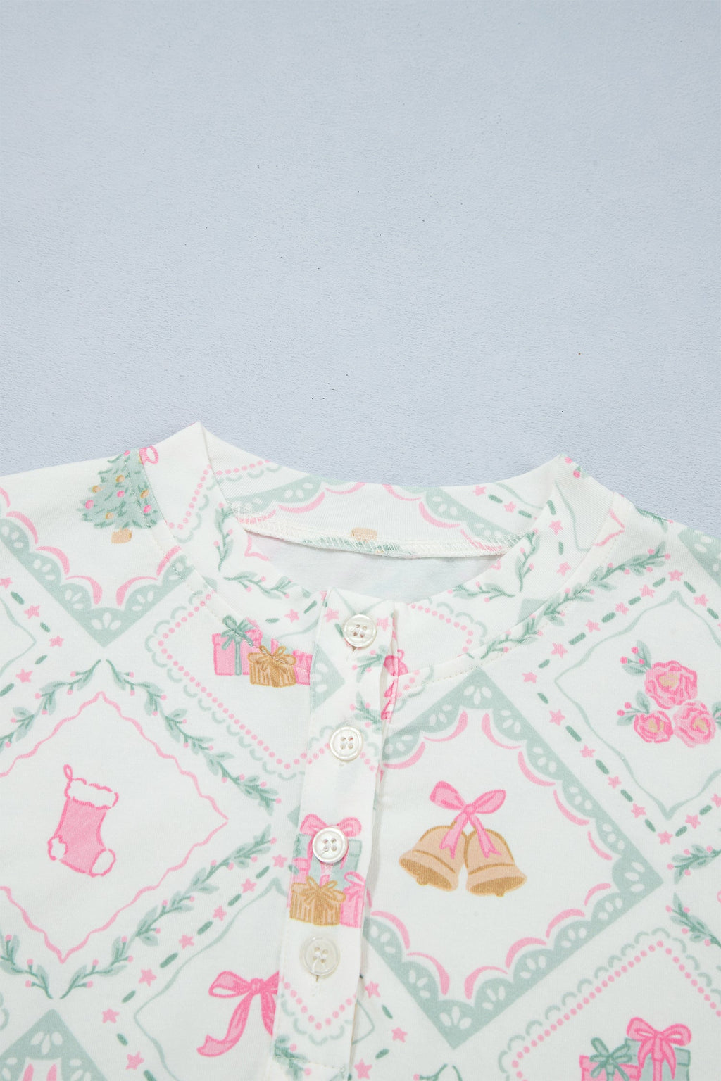 Christmas Patchwork Henley Pajama Set in white, back view
