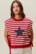 SO ME Stripe Star Patch 4th Of July Side Tie Vest Top in Red Ivory - front view showing star patch and stripe design