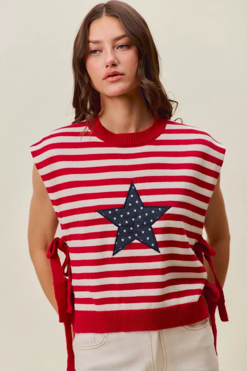 SO ME Stripe Star Patch 4th Of July Side Tie Vest Top in Red Ivory - front view showing star patch and stripe design