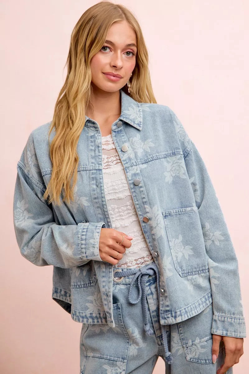BiBi Printed Washed Denim Jacket - side view showing pocket detail