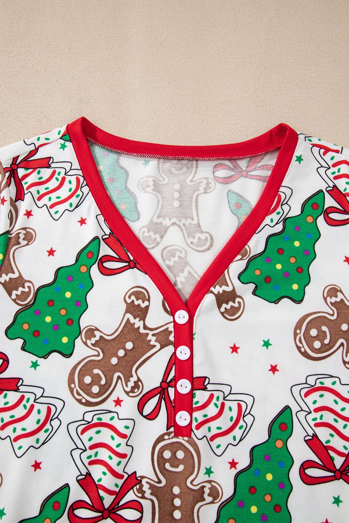 Christmas V-Neck Pullover Pajama Set in white and pink, back view