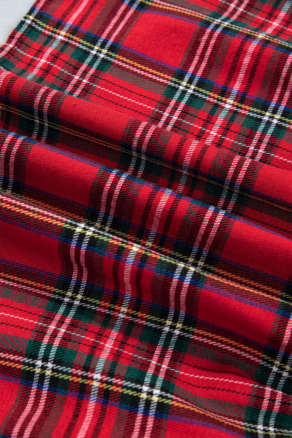 Plaid Bow Tie Neck Short Sleeve Ruffle Mini Dress in Red, close-up detail