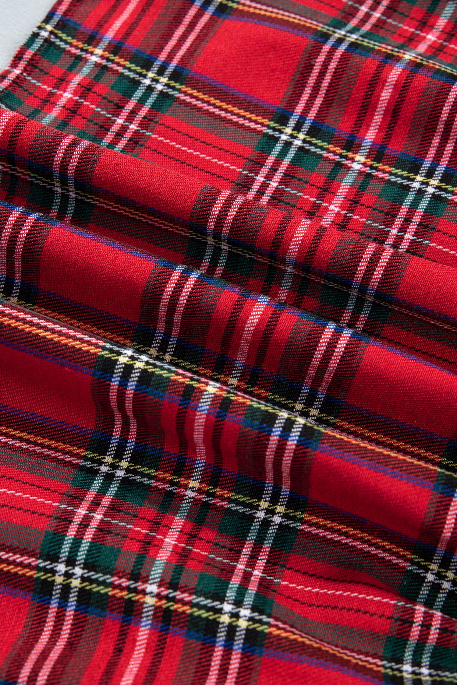 Plaid Bow Tie Neck Short Sleeve Ruffle Mini Dress in Red, close-up detail