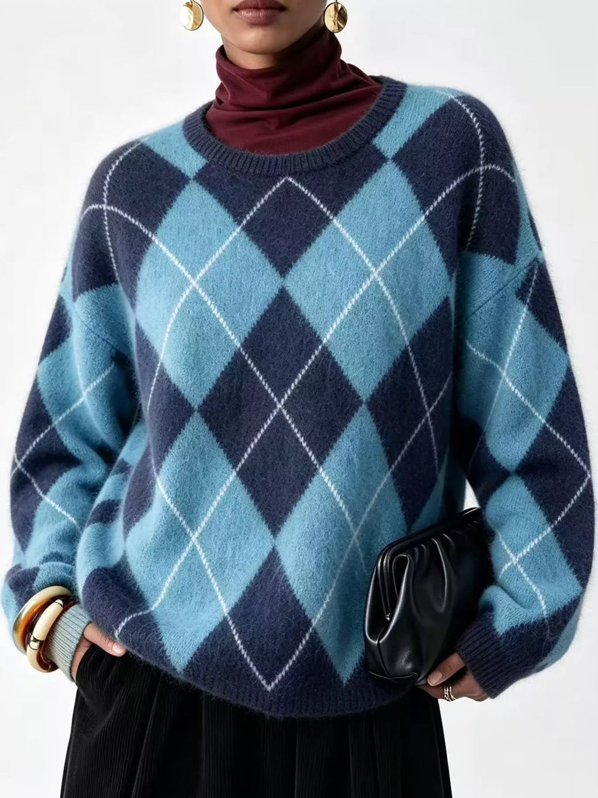 Argyle fuzzy knit sweater, women's relaxed fit - view 26