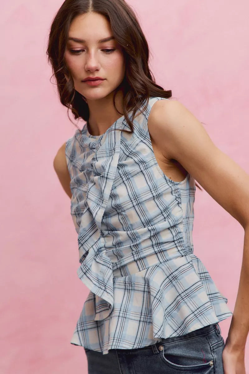 SO ME Plaid Sleeveless Ruffle Peplum Top - styled outfit full length view