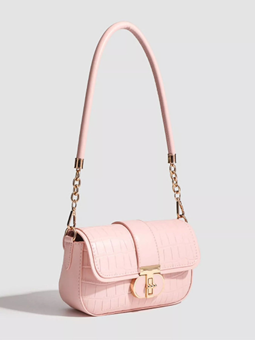Textured Flap Shoulder Bag in Pink - side view showing shoulder strap