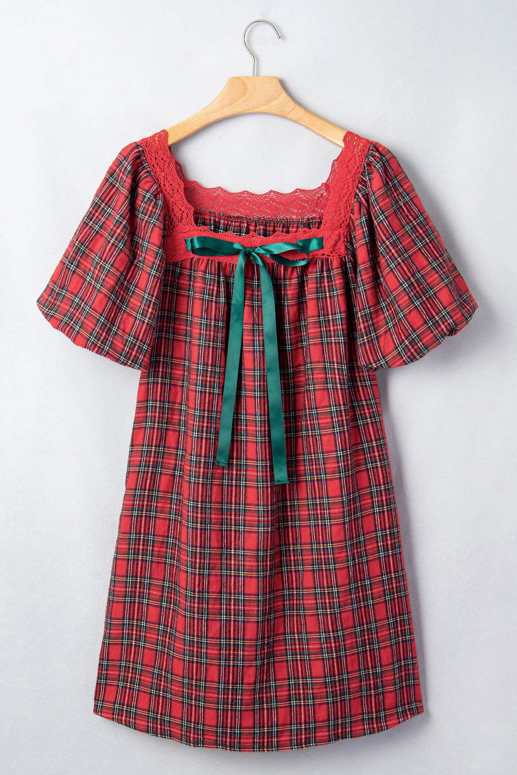 Plaid Lace Trim Square Neck Mini Babydoll Dress in Red, detail view